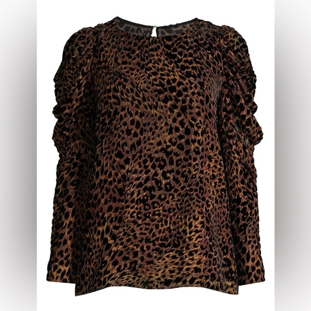 Elie Tahari Blouse Noelle Brown Leopard print Velvet puff Sleeves Size M - Picture 5 of 10